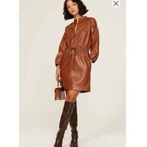 Natori Vegan Luxe Leather Blouson Dress Brown Womens Size Large